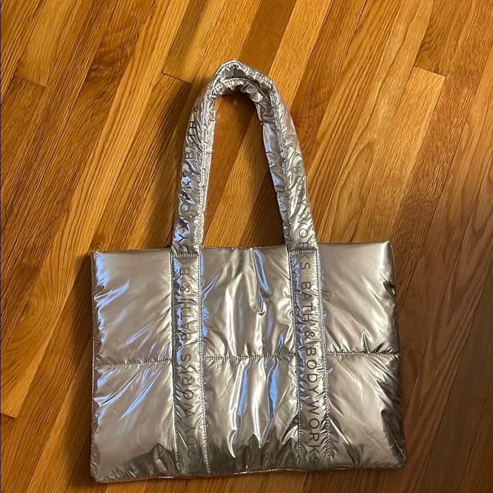 Bath & Bodyworks Puffy Silver Quilted Tote Bag